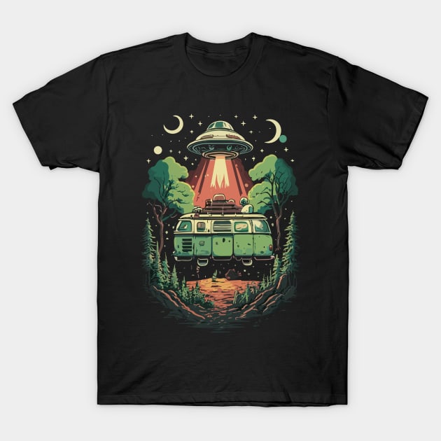 Alien Encounter: Vintage Van Under Cosmic Lights T-Shirt by DAVINCIOO